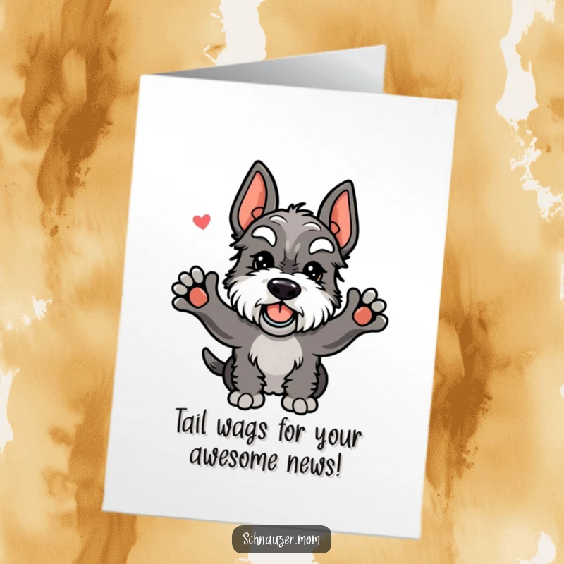 Funny Free Printable Schnauzer Congratulations Card, a joyful dog with a wagging tail, celebrating success, printable dog card.