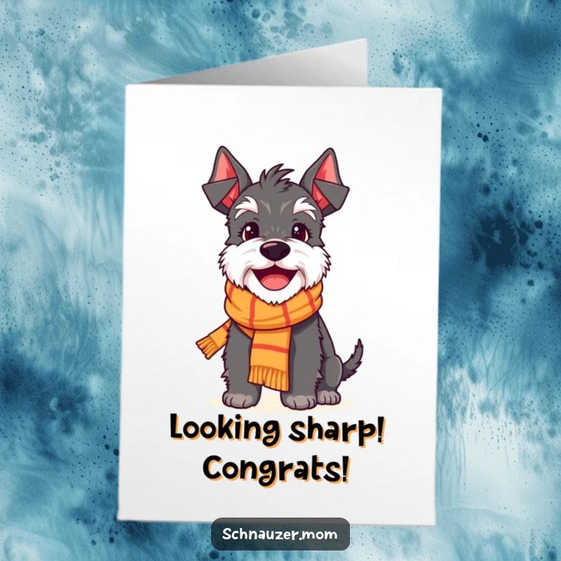 Funny Free Printable Schnauzer Congrats Card: A delighted Schnauzer in a scarf beams with a huge smile, celebrating your success.