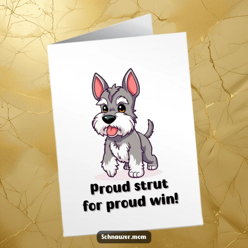 Free Printable Congratulations Card featuring a cute Kawaii Schnauzer strutting confidently with its stubby tail held up proudly.