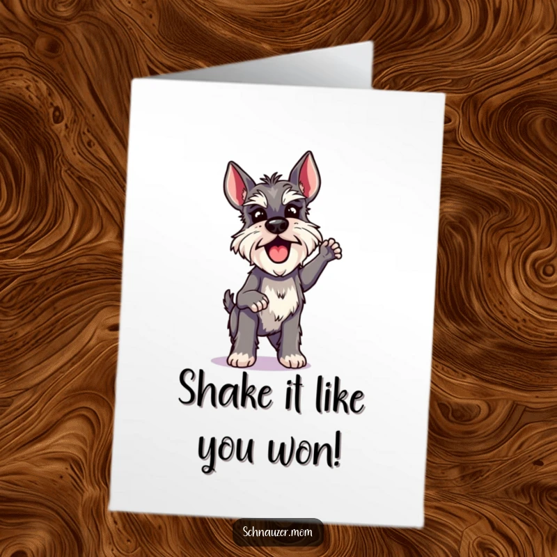 Funny Free Printable Congrats Card: A Schnauzer lady animal energetically shaking with pure joy and celebration.