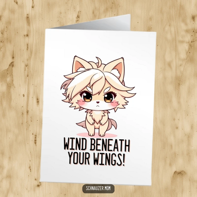 Funny free printable congratulations card of a dog with fur blowing in the wind, looking determined and successful.