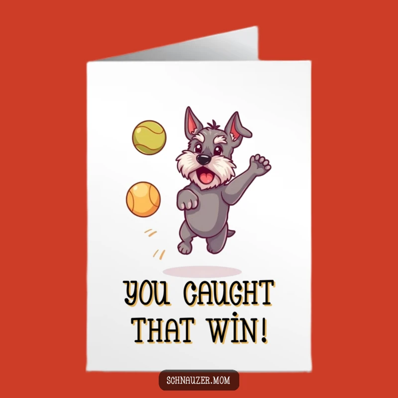 Free Printable Schnauzer Congratulations Card: Playful Dog Catching Ball Downloadable