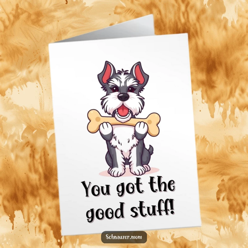Funny Free Printable Schnauzer Congratulations Card showing a dog proudly holding its prized bone, owning their win.