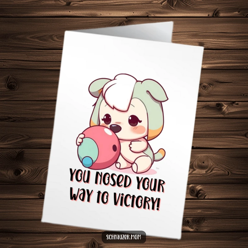 Funny Free Printable Congratulations Card: Eager dog nudges toy, celebrating your success, great downloadable gift.