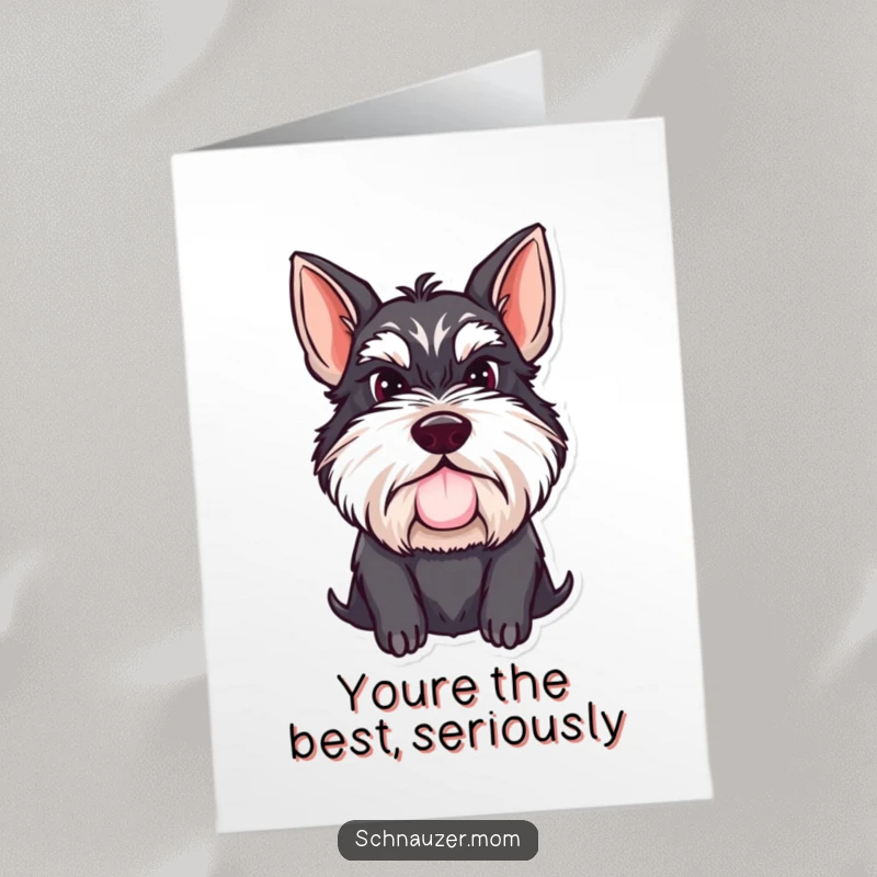 Funny Free Printable Schnauzer Thank You Card featuring a distinguished dog with a dashing mustache saying thank you.