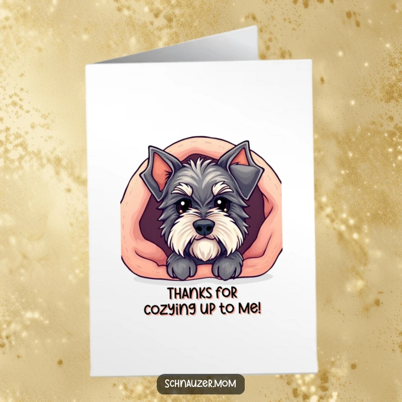 Funny Free Printable Thank You Card with a cute Kawaii Schnauzer peeking out from underneath a snuggly blanket.
