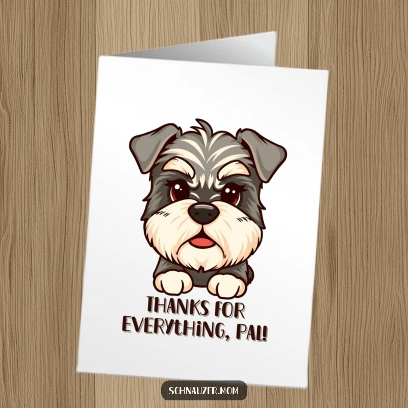Funny Free Printable Thank You Card: A scruffy Schnauzer with prominent eyebrows looks deep in thought. A downloadable.