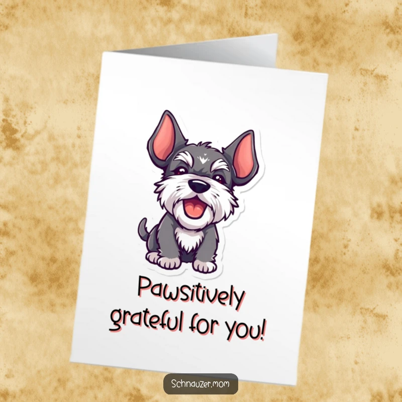 Funny Free Printable Schnauzer Thank You Card: Adorable schnauzer offering thanks with a playful bark and high ears.