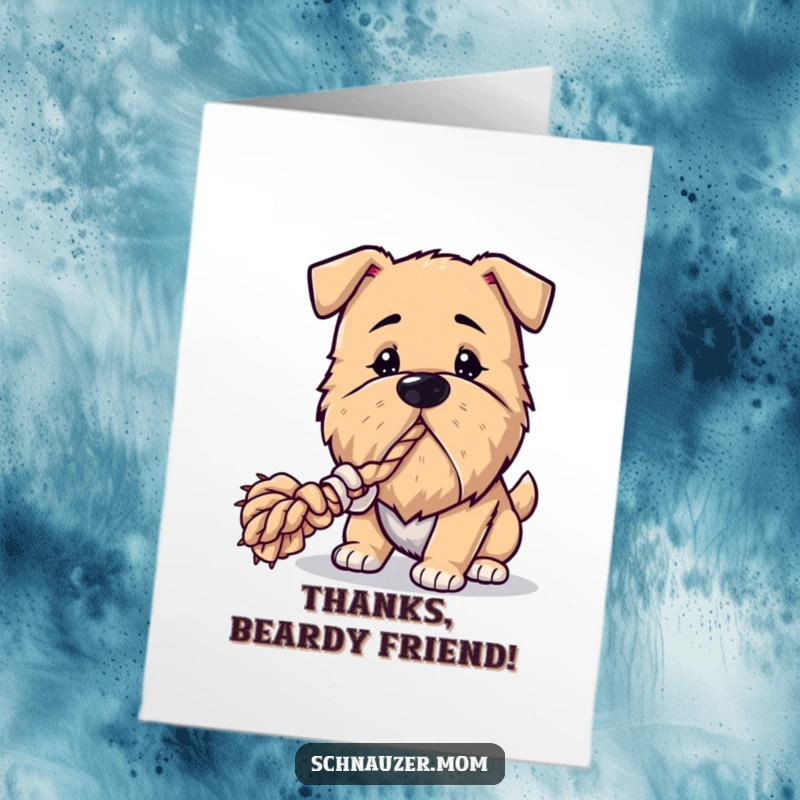 Funny Free Printable Thank You Card: A spirited dog with a full beard plays tug-of-war, conveying a hearty thank you.