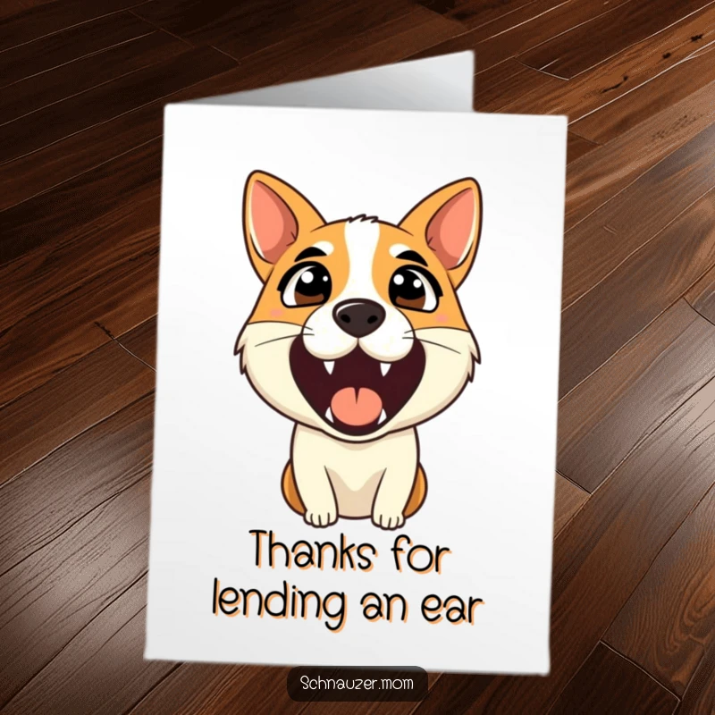 Funny Free Printable Thank You Card: Dog barking loudly and alertly, downloadable humor to show appreciation.