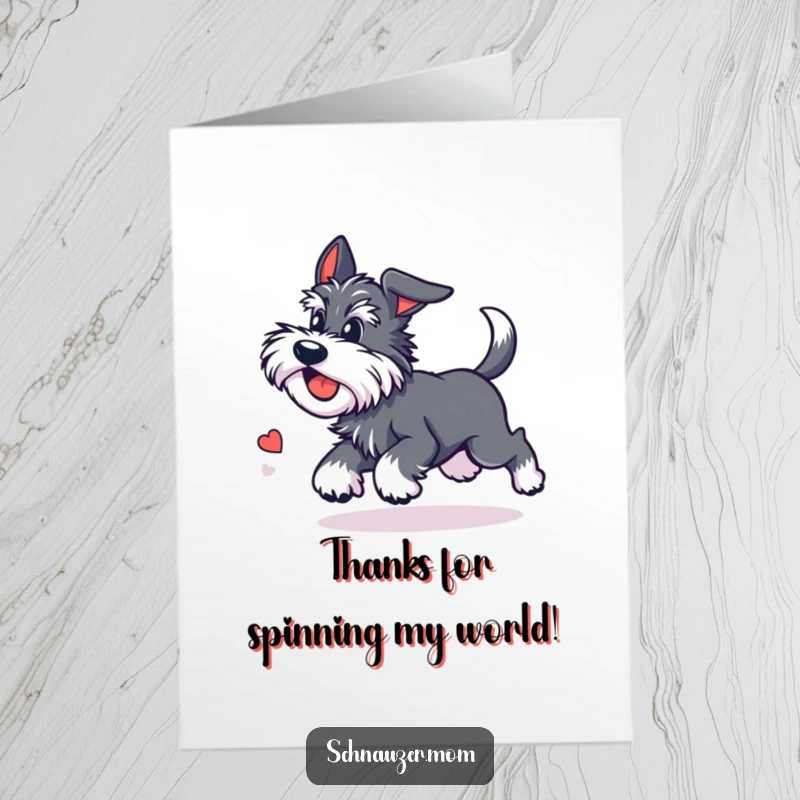 Funny Free Printable Thank You Card with a cute Kawaii Schnauzer spinning rapidly in circles chasing its tail.