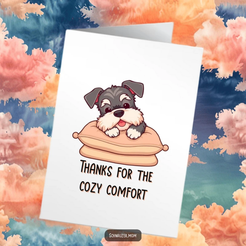 Funny Free Printable Thank You Card: A Schnauzer with closed eyes, sighing contentedly on a soft cushion.