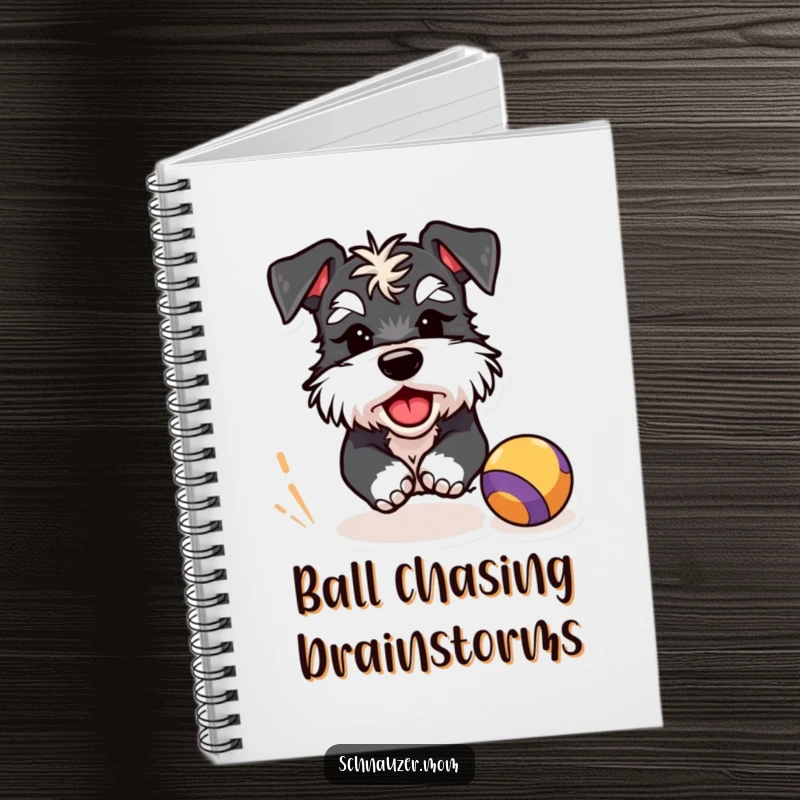 Funny Schnauzer notebook with a winking dog character enthusiastically chasing a bouncing ball, ideal for jotting down funny thoughts.