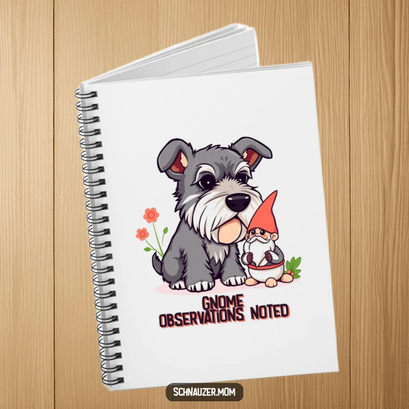 Funny Schnauzer notebook for jotting down ideas, featuring a curious dog sniffing a garden gnome with whimsical charm.