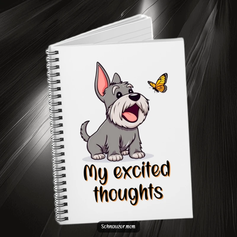 Funny Schnauzer notebook featuring an excited dog character barking happily at a butterfly, ready to capture notes and dreams.