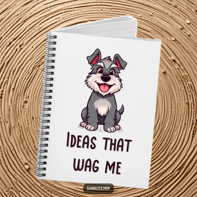 Funny Schnauzer notebook featuring a joyful dog character with a furiously wagging tail, ready to capture notes and dreams.