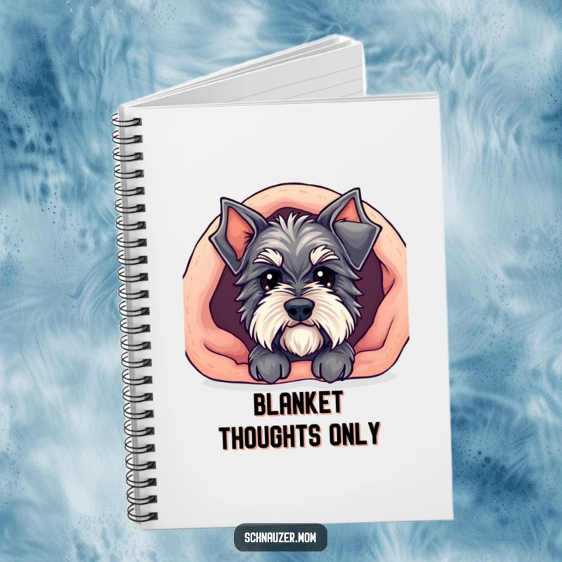 Funny Kawaii Schnauzer notebook featuring a cute dog peeking out from under a cozy blanket, ideal for notes and journaling with a humorous theme.