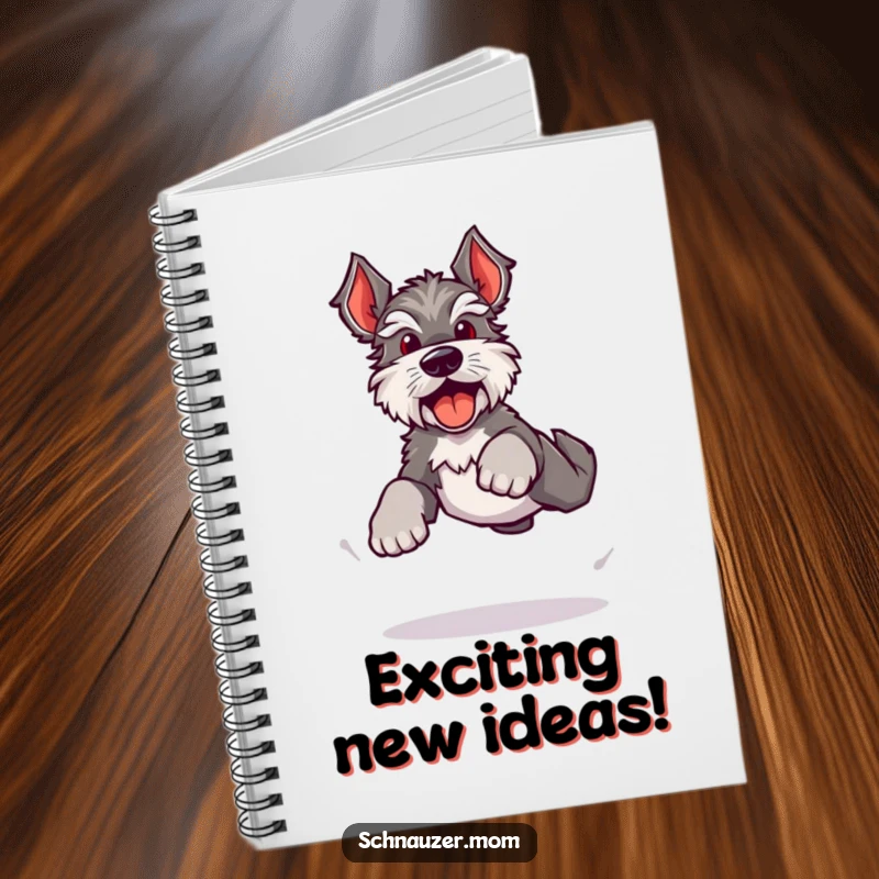Funny Kawaii Schnauzer notebook, a dog doing a bouncy, energetic leap with happy barks, ideal for jotting notes.