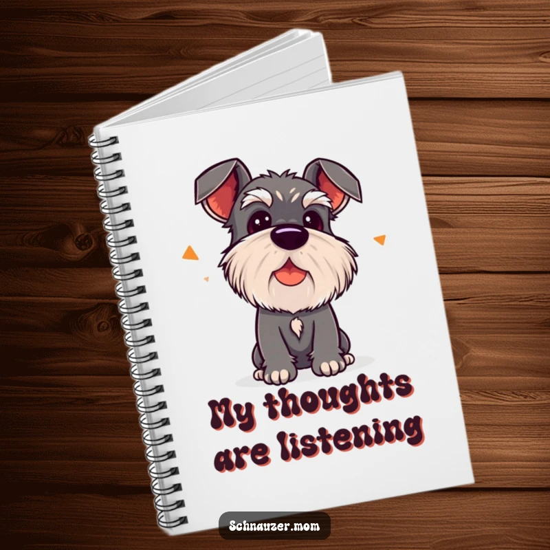 Funny Kawaii Schnauzer Notebook, with head tilted listening to a sound, ideal for notes.