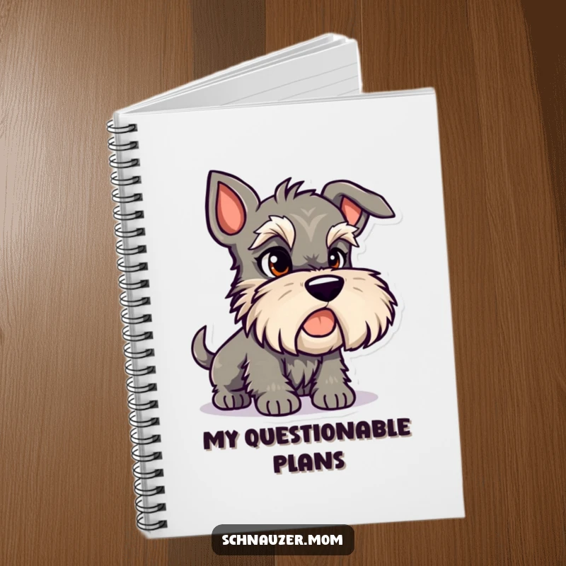 Funny Schnauzer notebook featuring a mischievous dog character with a sly expression, ready to record secrets and schemes.