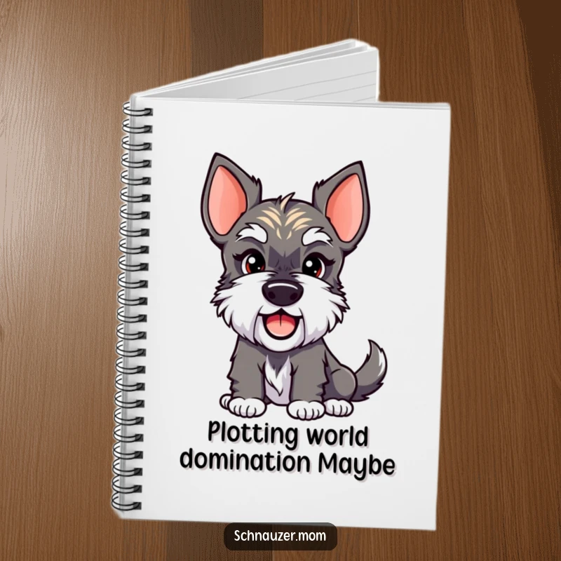 Funny Schnauzer Lady Notebook with a dog sporting a knowing smirk and a wagging tail. Ideal for note-taking, a funny gift.