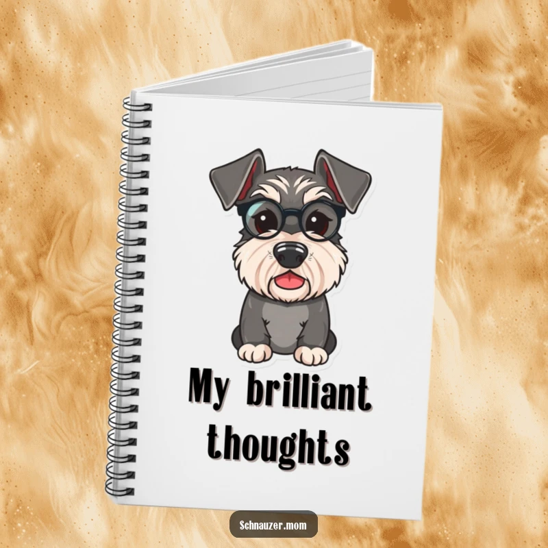Funny Schnauzer notebook showcasing a cute dog wearing a tiny monocle, perfect for jotting down distinguished thoughts with playful flair.