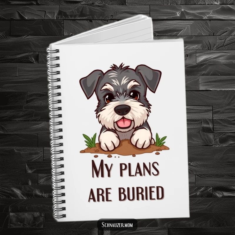 Funny Schnauzer notebook with a cover showing a dog with a determined expression enthusiastically digging in the dirt, great for notes.
