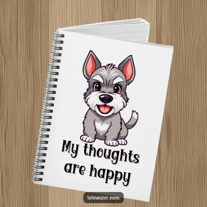 Funny Schnauzer notebook with a cover showing a happy dog with a wagging tail and a wide grin, great for notes.