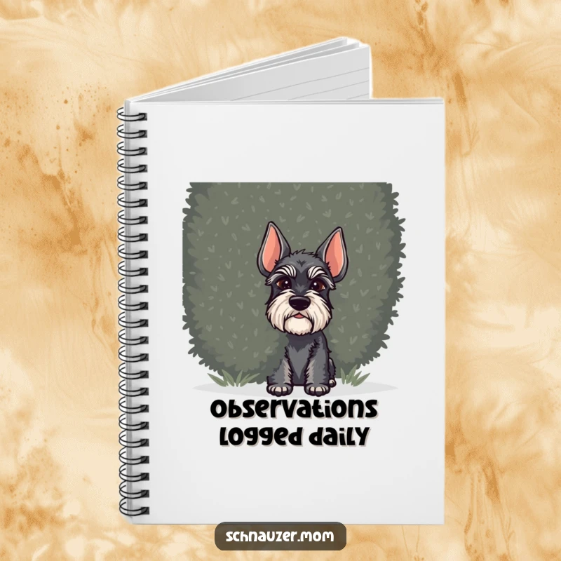 Funny Schnauzer dog notebook cover, showing a dog peeking from behind a shrub, ideal for recording notes and clandestine thoughts.