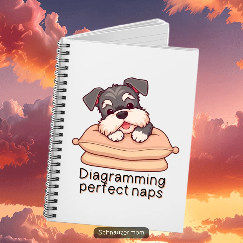 Funny Schnauzer sigh notebook, journaling peaceful thoughts with a content dog resting on a cushion, perfect for relaxation.