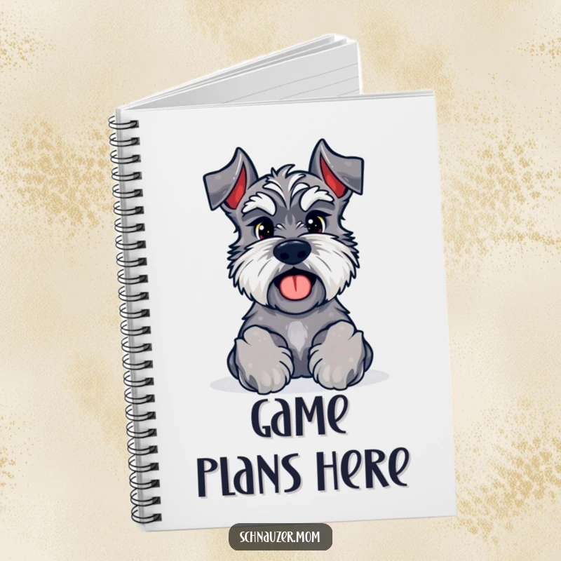 Funny Kawaii Schnauzer notebook with paws forward, inviting a game, ideal for jotting down ideas and plans.