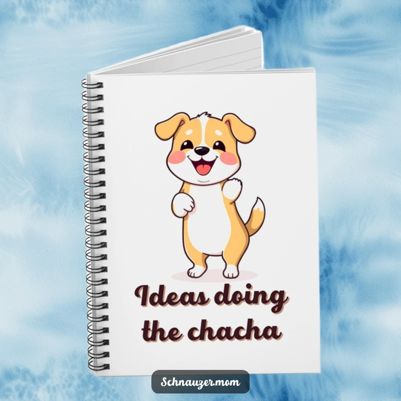 Funny notebook cover with a dancing dog wiggling its hindquarters, ideal for jotting down happy thoughts with a humorous vibe.