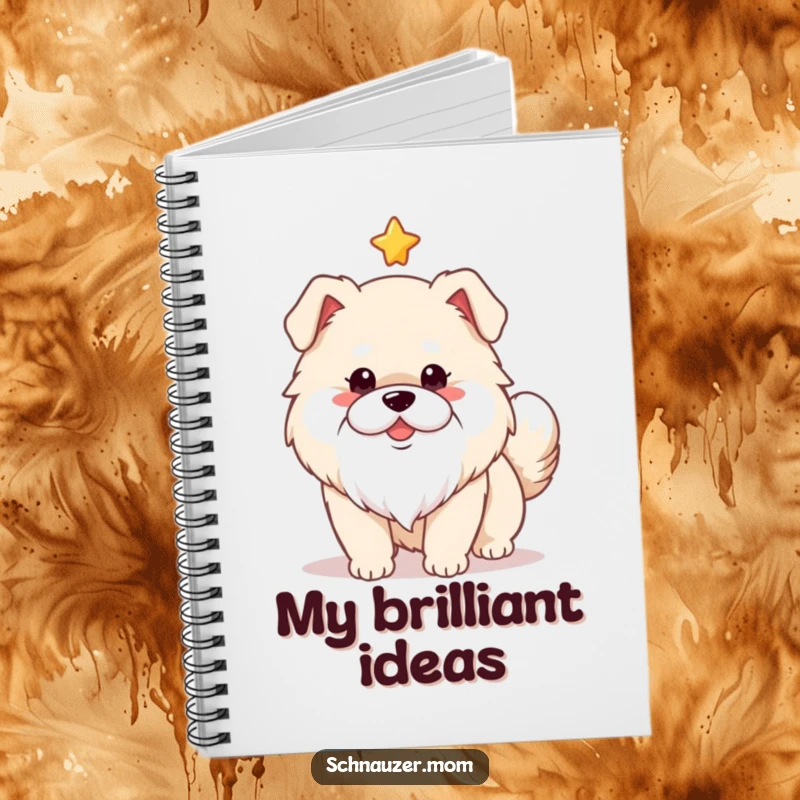 Funny cute fluffy dog with a smart white beard, tail wagging with excitement under a starry sky. Notebook cover art.