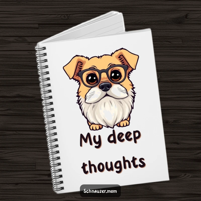 Funny dog with a distinguished beard and tiny spectacles, looking curiously. Notebook cover.
