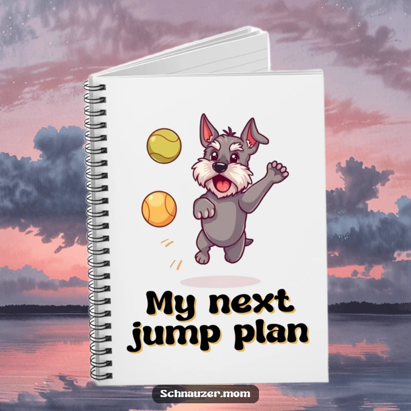 Funny Schnauzer dog notebook cover, depicting a dog leaping energetically towards a ball, perfect for capturing notes and playful thoughts.