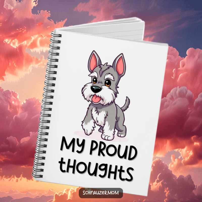 Funny Kawaii Schnauzer notebook featuring a cute dog performing a proud strut with its stubby tail up, ideal for notes and journaling with a humorous theme.