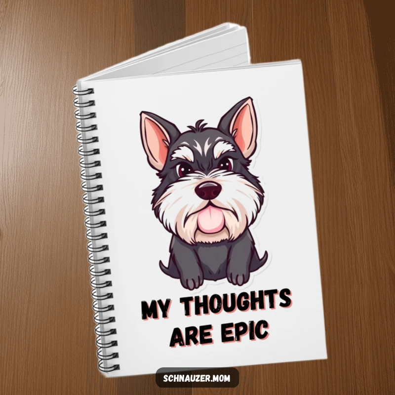 Funny Schnauzer lady notebook featuring a determined dog with a proud mustache, perfect for jotting down notes with a humorous, sophisticated flair.