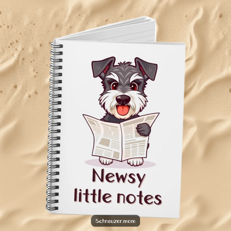 Funny Schnauzer dog happily fetching a small newspaper on the cover of a notebook, ready for task lists.