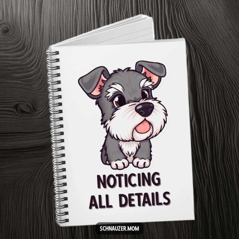 Funny Schnauzer notebook for jotting down ideas, featuring a dog with alert ears observing its surroundings with watchful charm.