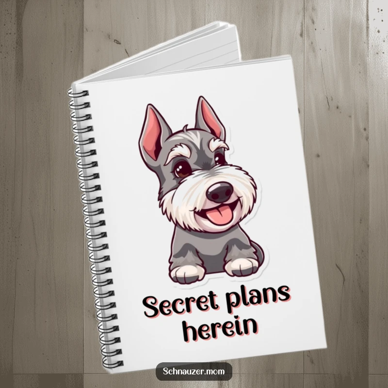 Funny Schnauzer dog notebook cover, showing a happy dog with a knowing glance, perfect for jotting down thoughts and witty remarks.