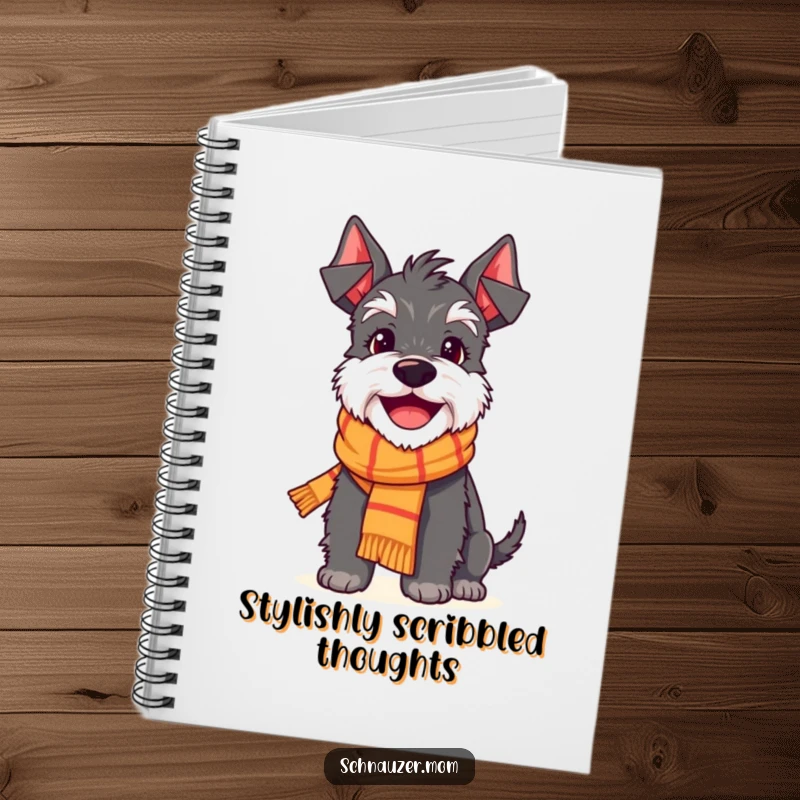 Funny Schnauzer notebook featuring a delighted dog character wearing a cute scarf and smiling brightly, perfect for jotting happy notes.