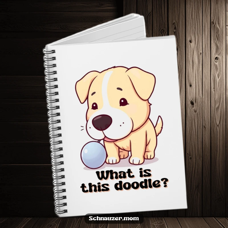 Funny notebook cover with a curious dog nudging a shiny object, ideal for jotting down investigative notes with a humorous vibe.