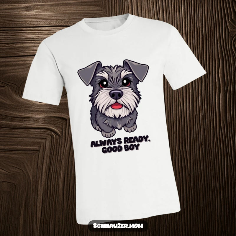 Funny Schnauzer t-shirt with adoring eyes, ready to please, capturing the devoted and loving nature of a dog.
