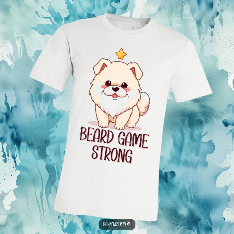 Funny cute fluffy dog with a prominent white beard, wagging its tail joyfully beneath a bright star. Great t-shirt design.