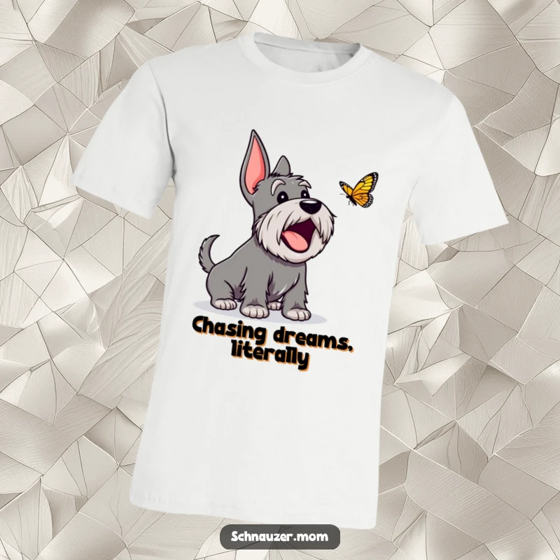Funny Schnauzer t-shirt depicting an overjoyed dog character enthusiastically barking at a passing butterfly, full of playful energy.