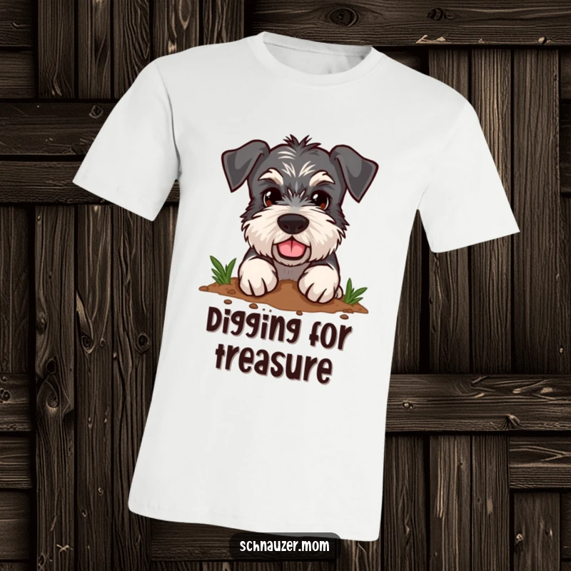 Funny Schnauzer t-shirt depicting a dog with a determined look, joyfully digging enthusiastically in the dirt.