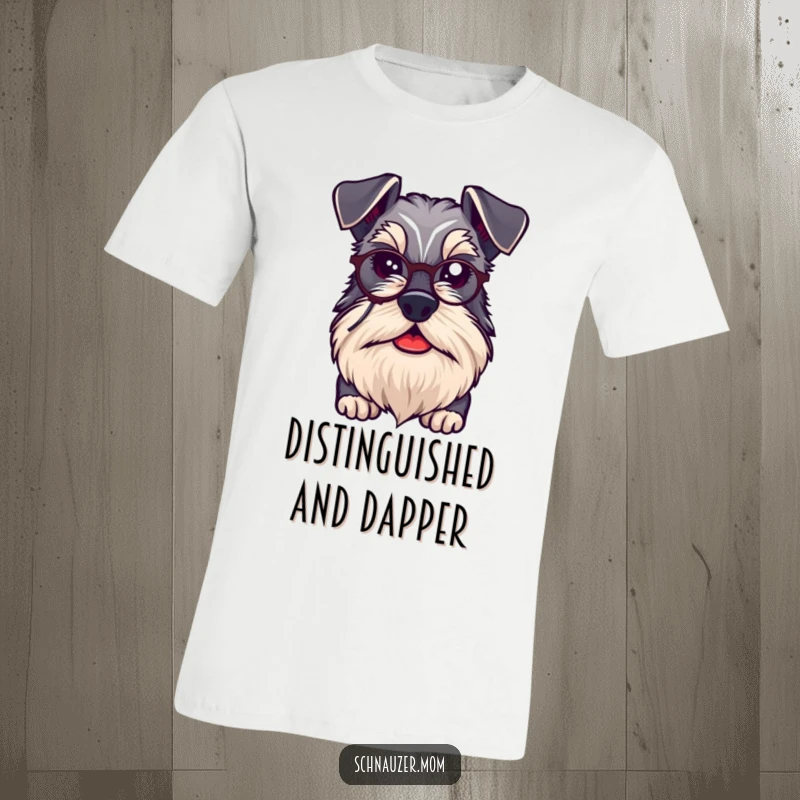 Funny kawaii Schnauzer dog wearing a t-shirt, sporting a distinguished beard and a tiny monocle with an air of sophistication.