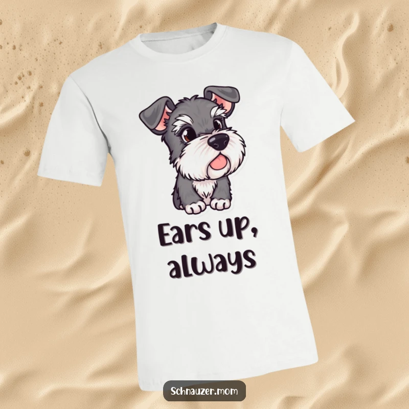 Funny Schnauzer T-shirt with alert ears, depicting a dog observing its surroundings, perfect for observant dog enthusiasts.