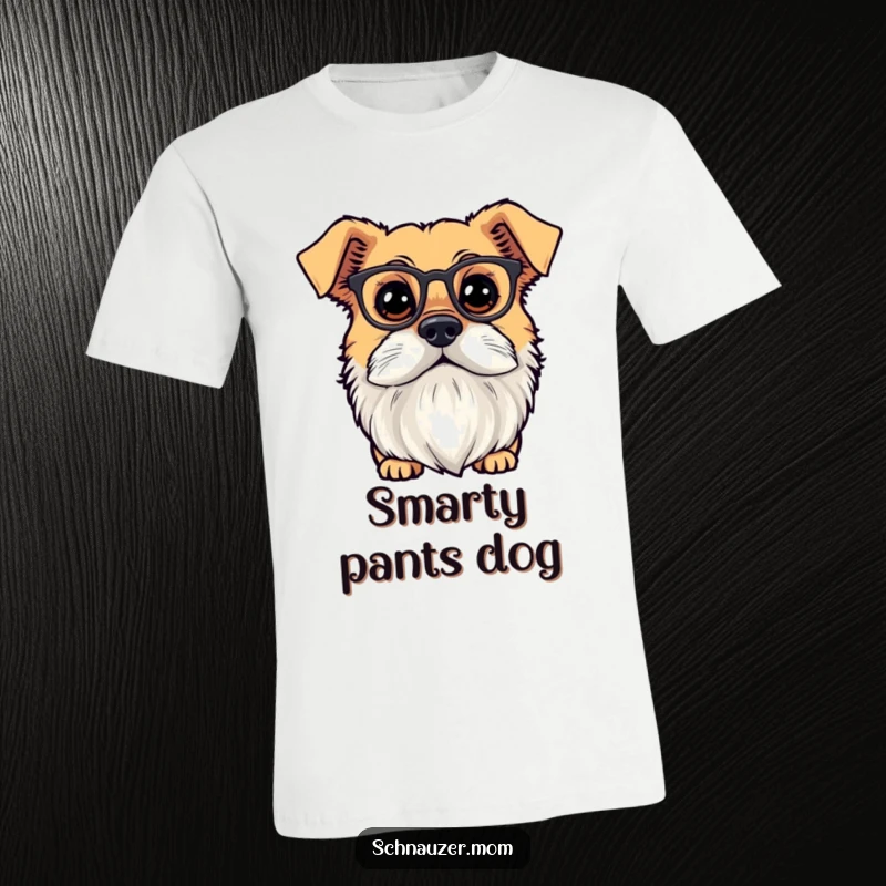 Funny dog with a neat beard wearing small spectacles, peering curiously. Great t-shirt.