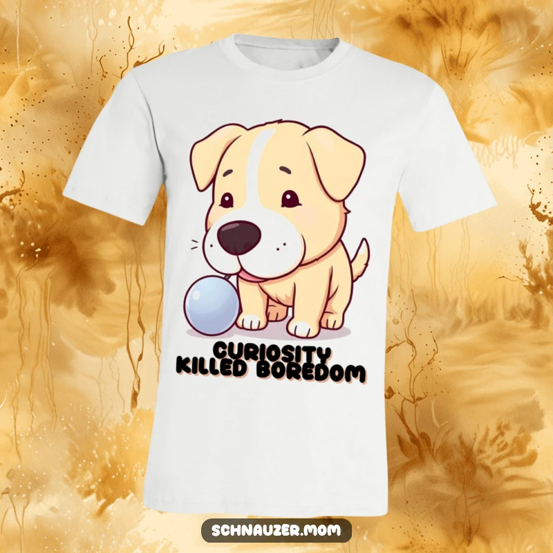 Funny t-shirt with a curious dog nudging a shiny object, illustrating intrigue and exploration, a great gift.